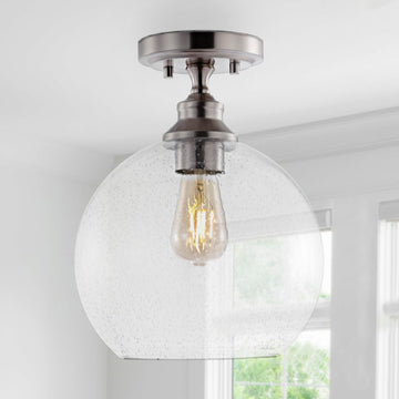 Marla 9.75" Bohemian Farmhouse Iron/Seeded Glass LED Semi Flush Mount - JONATHAN Y